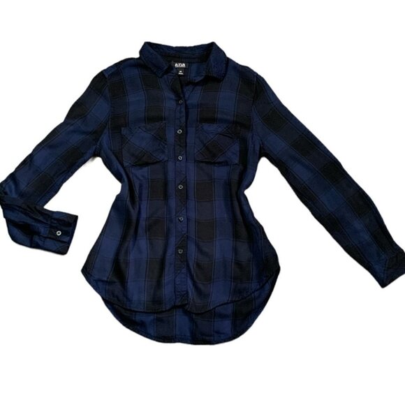 ANA Buffalo Plaid Button Front Shirt Sz XS Blue & Black #63G - Picture 2 of 9